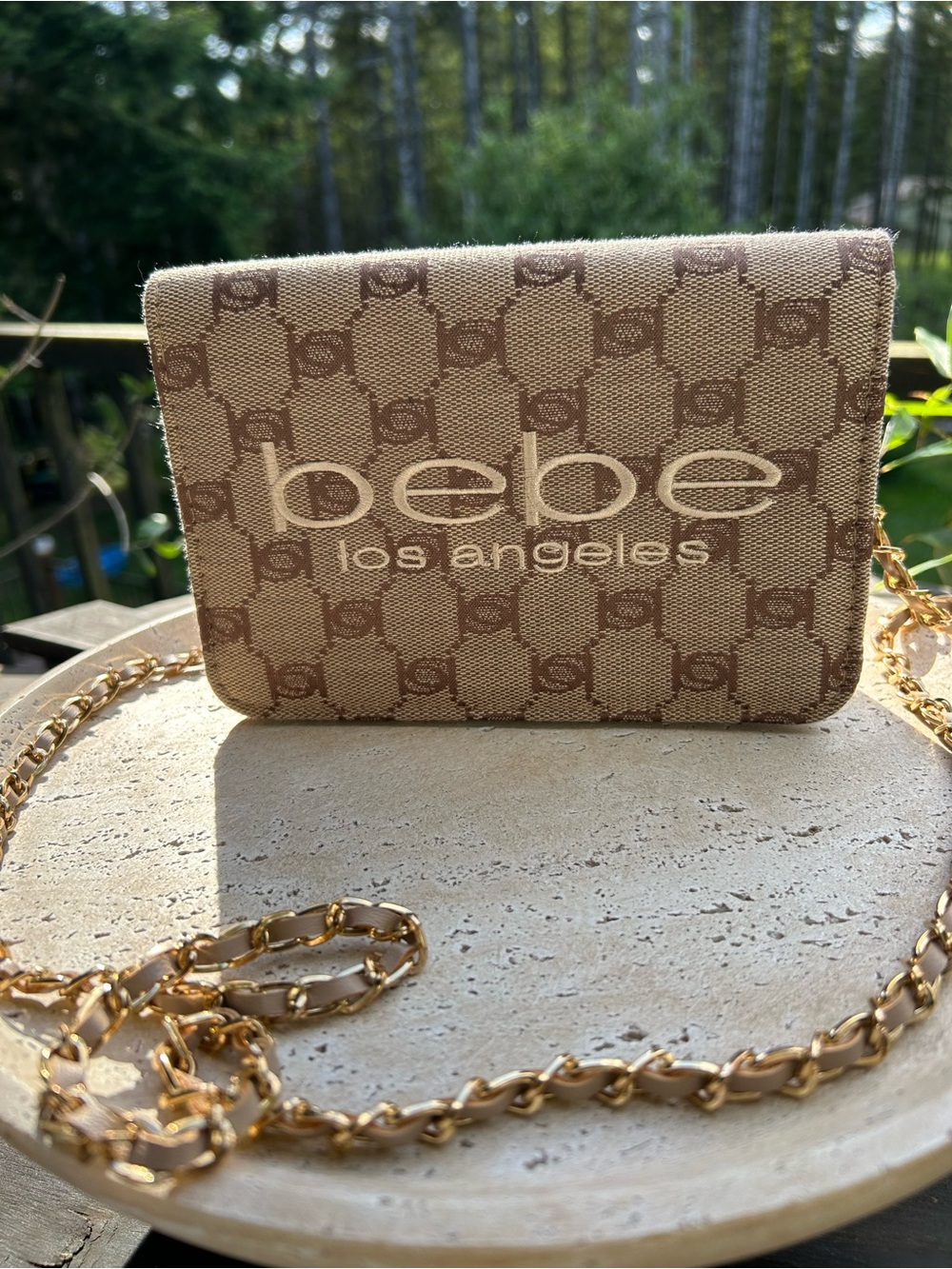 bebe Tallula‎ Monogram Jacquard Beige and Brown Logo Crossbody with Gold Chain